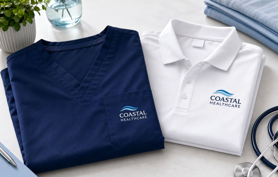 Navy scrub top and white polo with a healthcare logo