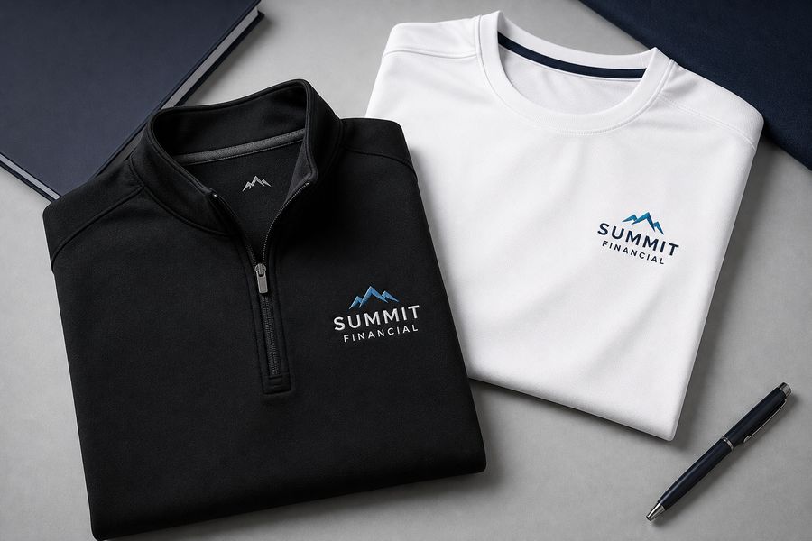 Black quarter-zip and white tee with a financial firm logo